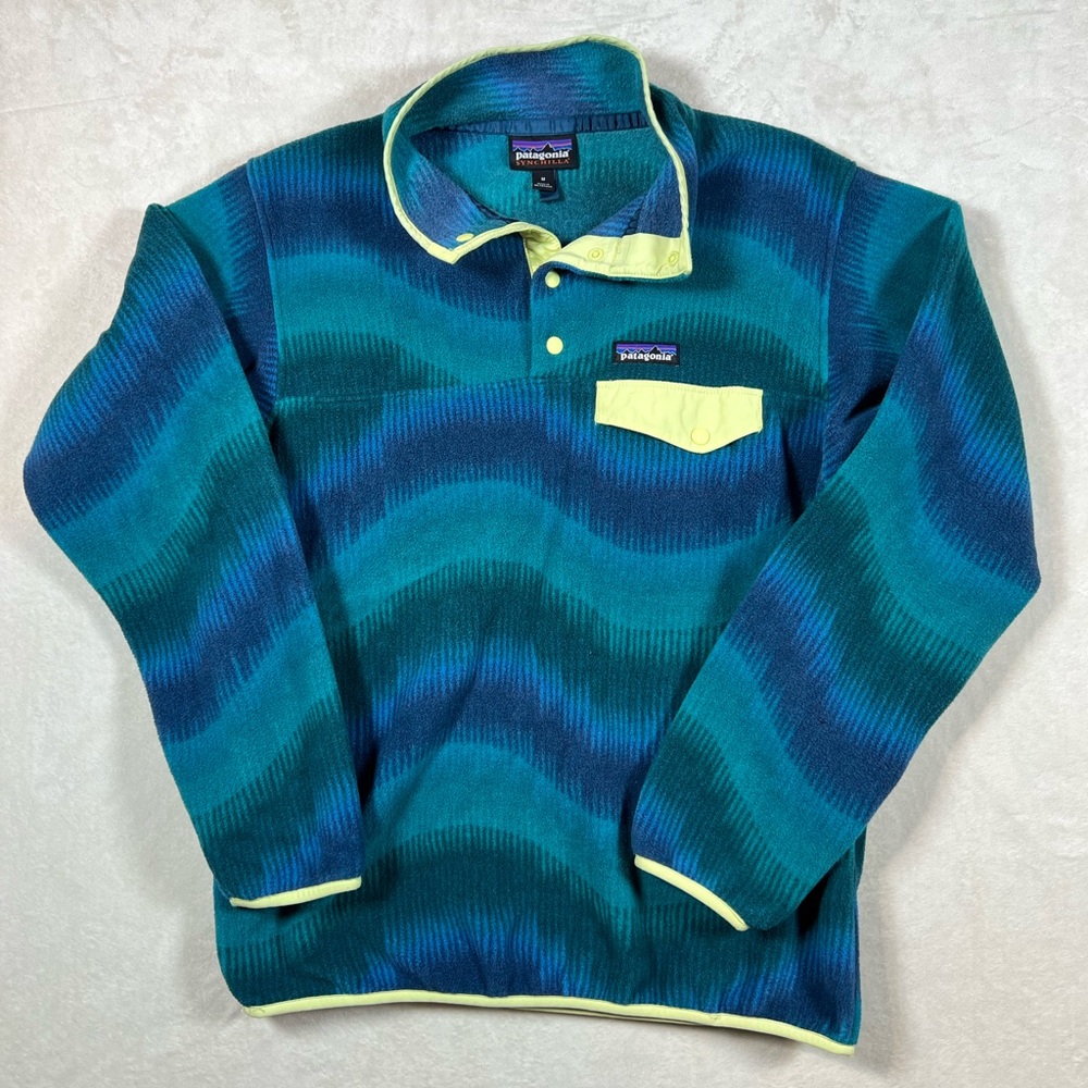 Patagonia Teal and Navy Wave-Pattern Snap-T Fleece with Lime Accents